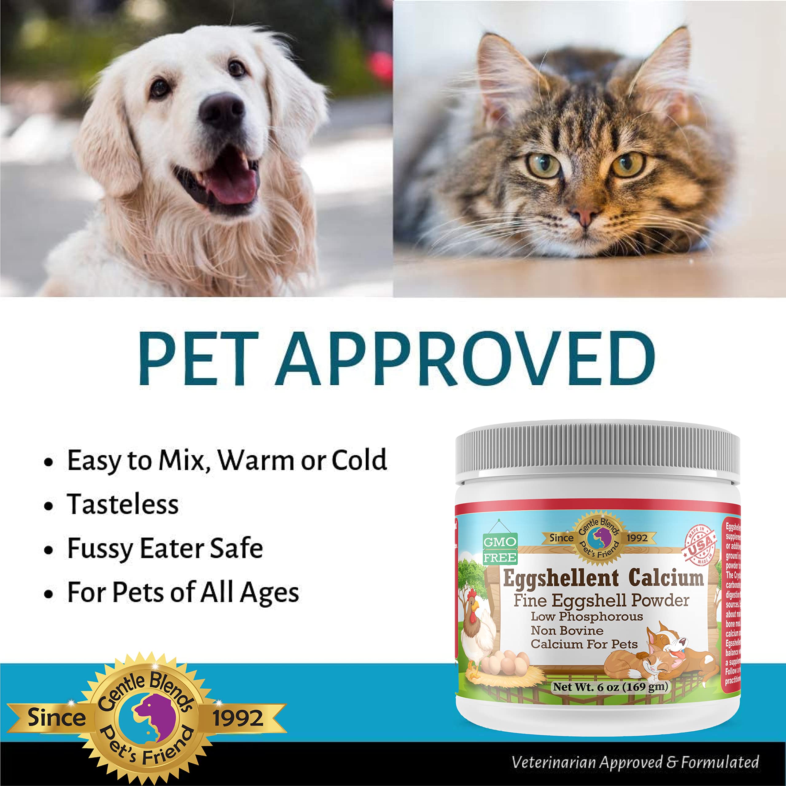 GENTLE BLENDS PET'S FRIEND SINCE 1992: perro comiendo alimento con suplemento añadidos