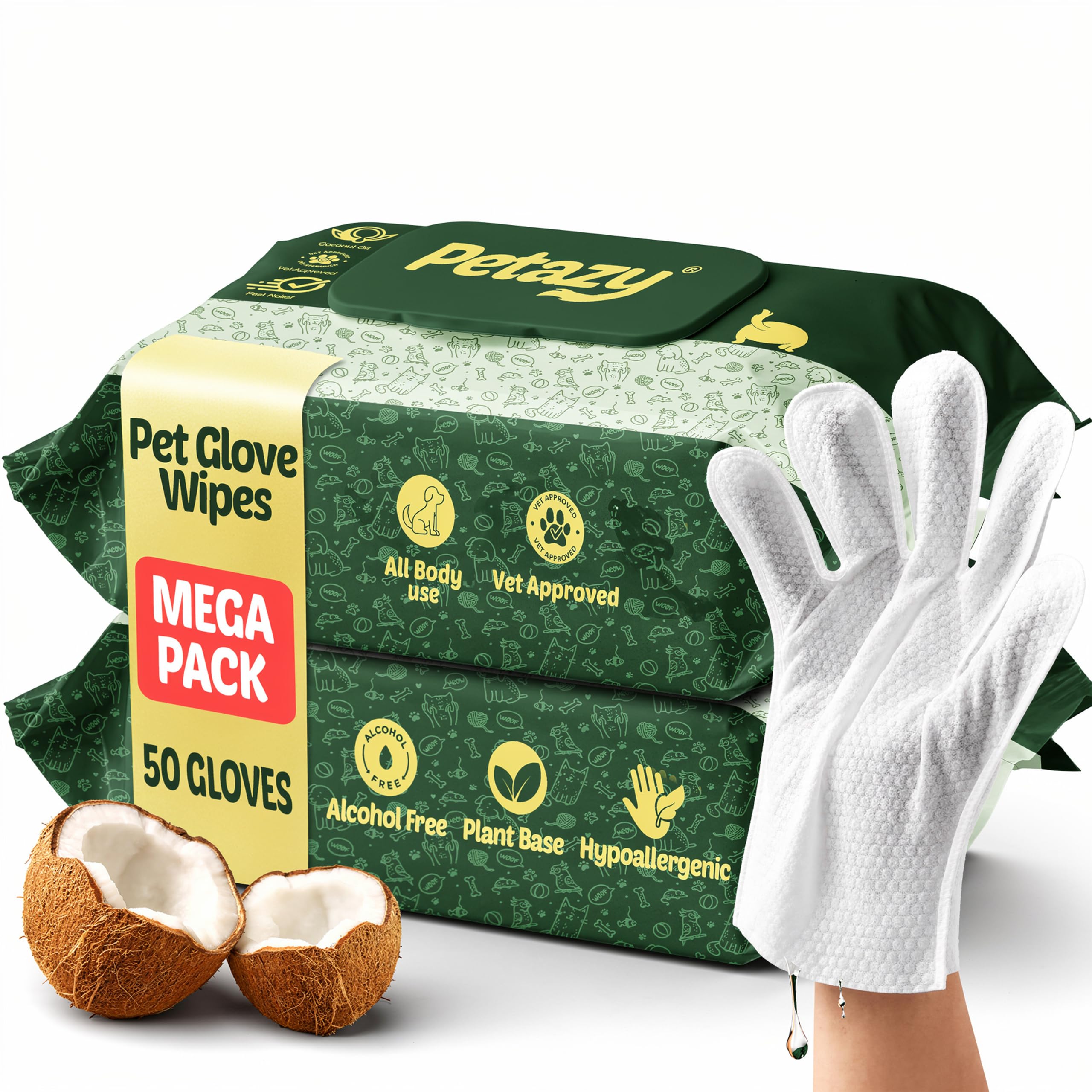 Petazy frente del paquete mostrando 2x25 toallas guante, limpieza rápida