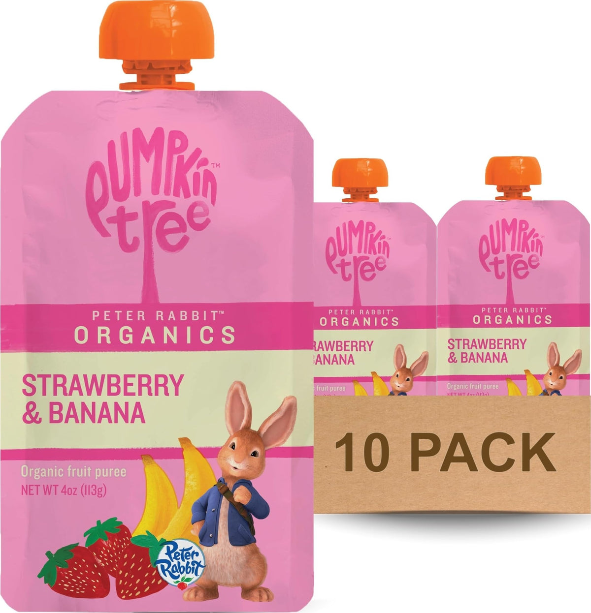 Pumpkin Tree Peter Rabbit Organics frente del empaque mostrando sabor y beneficio práctico