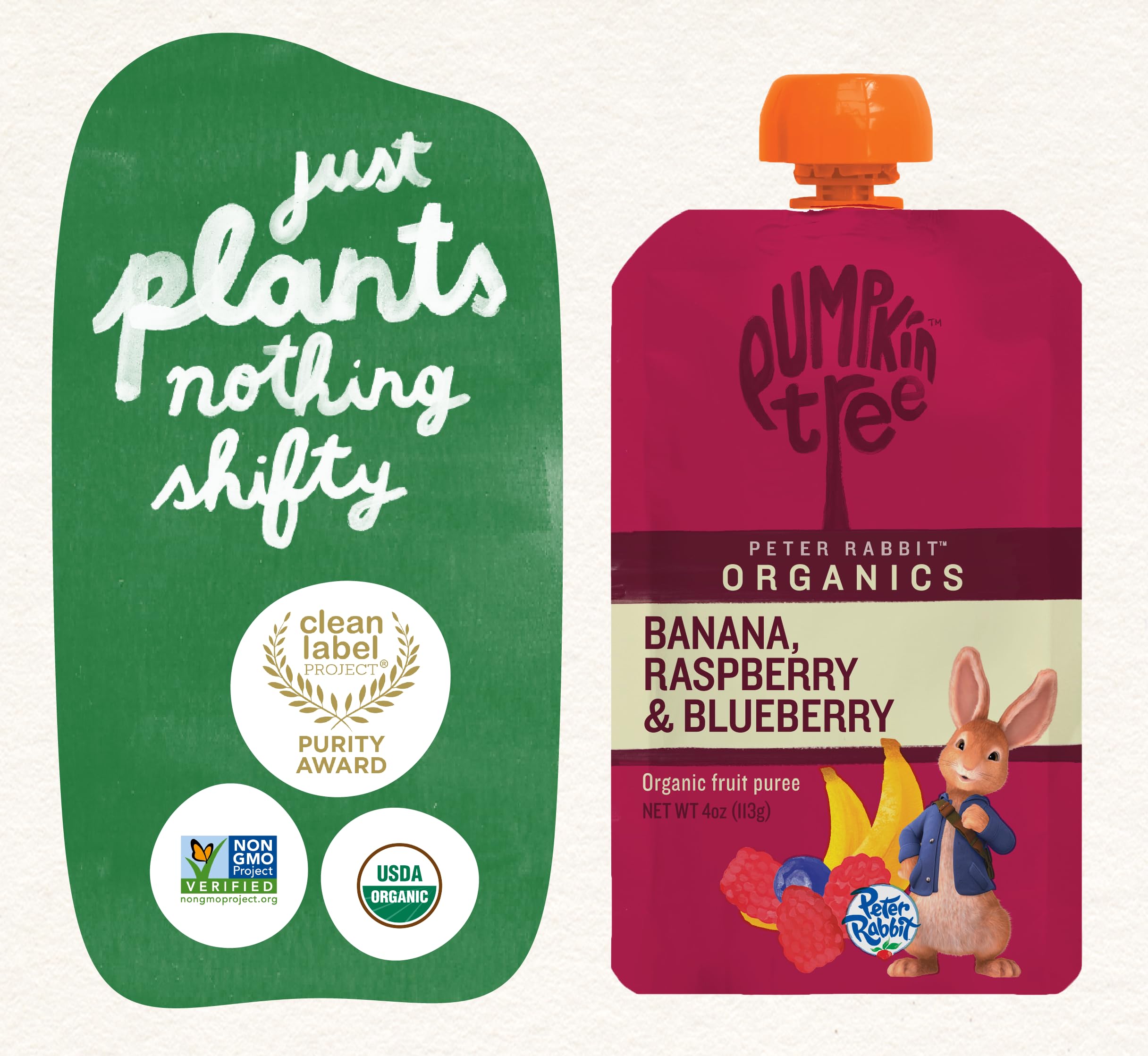 Peter Rabbit Organics frutas frescas usadas: frambuesa, plátano y arándano visibles