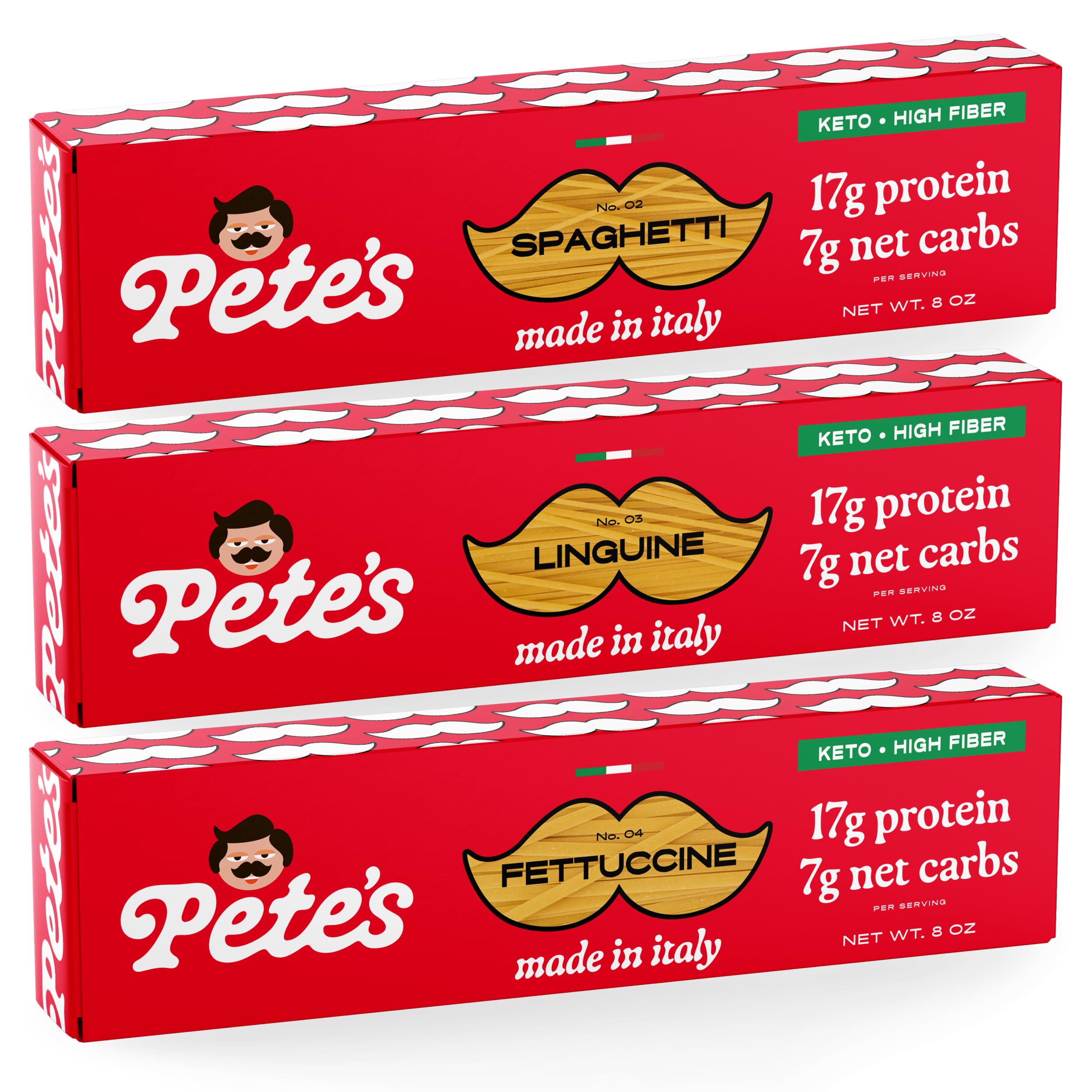 Pete's Pasta empaque frontal mostrando formatos y beneficio bajo en carbohidratos