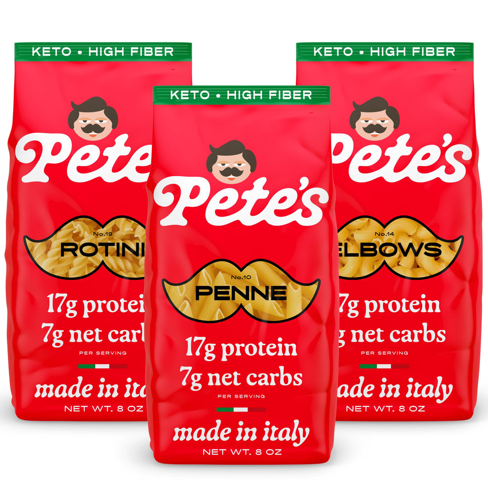 Pete's Pasta empaque frontal mostrando variedad y practicidad