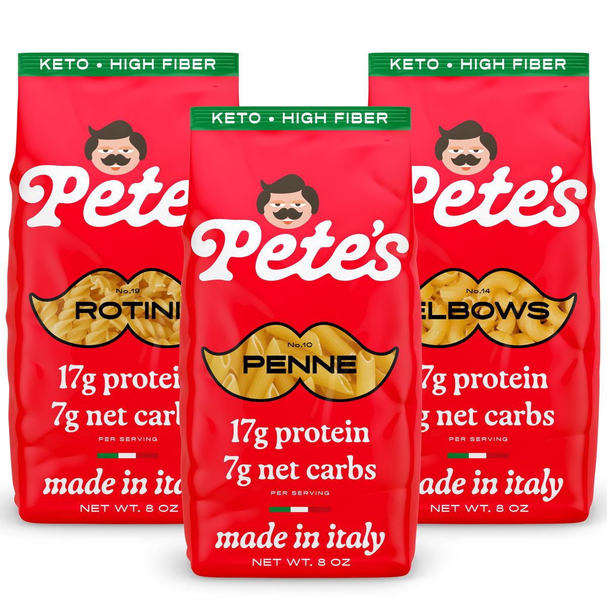 Pete's Pasta empaque frontal mostrando variedad y practicidad