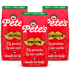 Pete's Pasta empaque frontal mostrando variedad y practicidad
