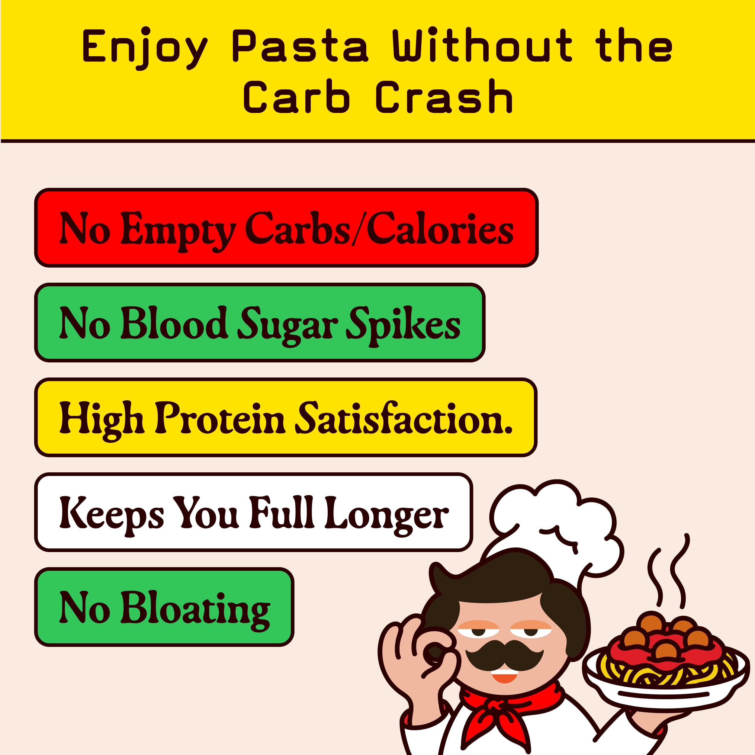 Pete's Pasta mano sosteniendo penne mostrando tamaño útil