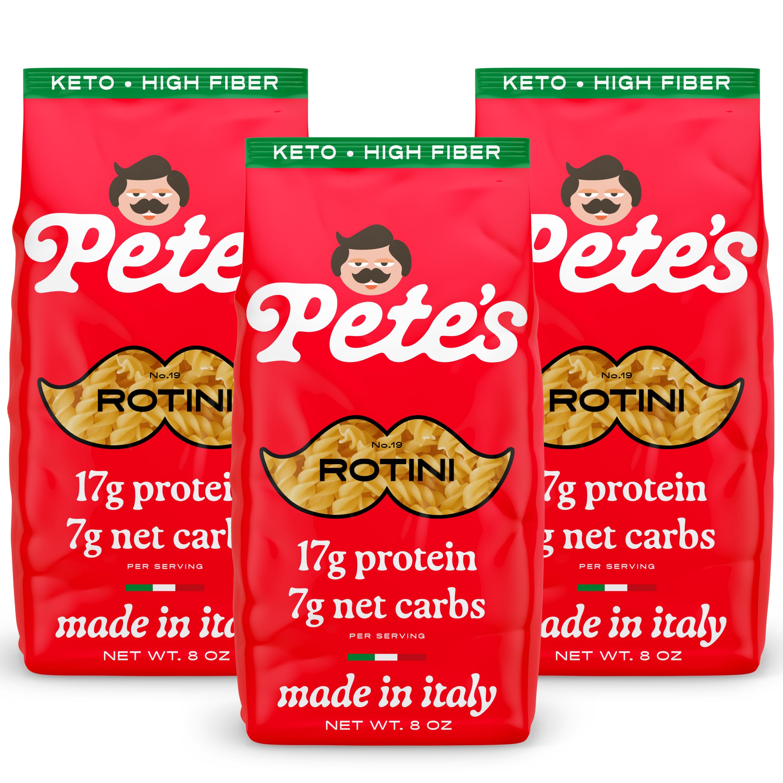 Pete's Pasta paquete frontal mostrando diseño y beneficios nutricionales