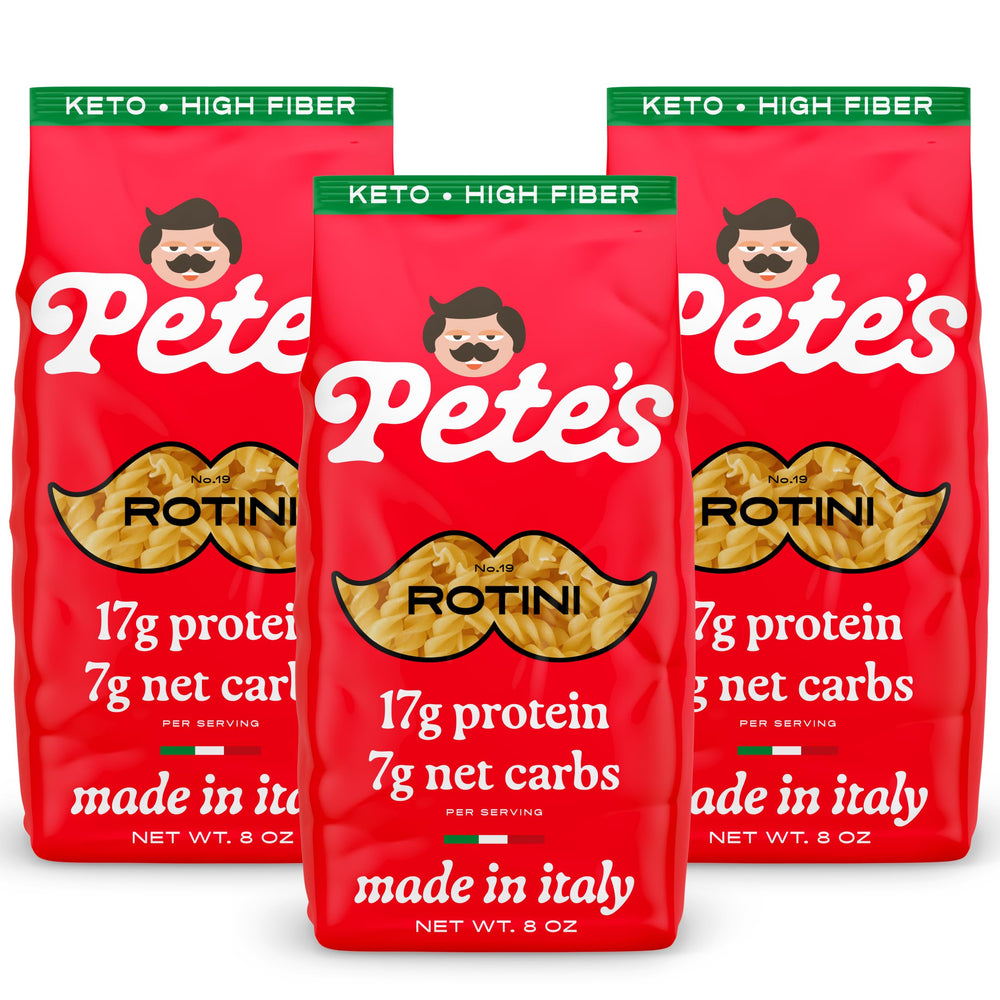 Pete's Pasta paquete frontal mostrando diseño y beneficios nutricionales