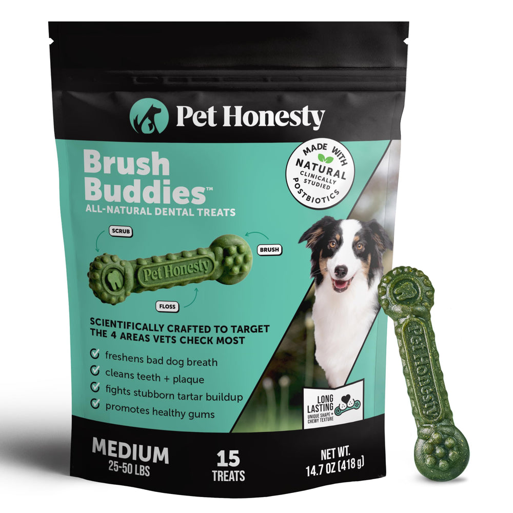 Pet Honesty empaque frontal mostrando 15 chews y beneficios visibles
