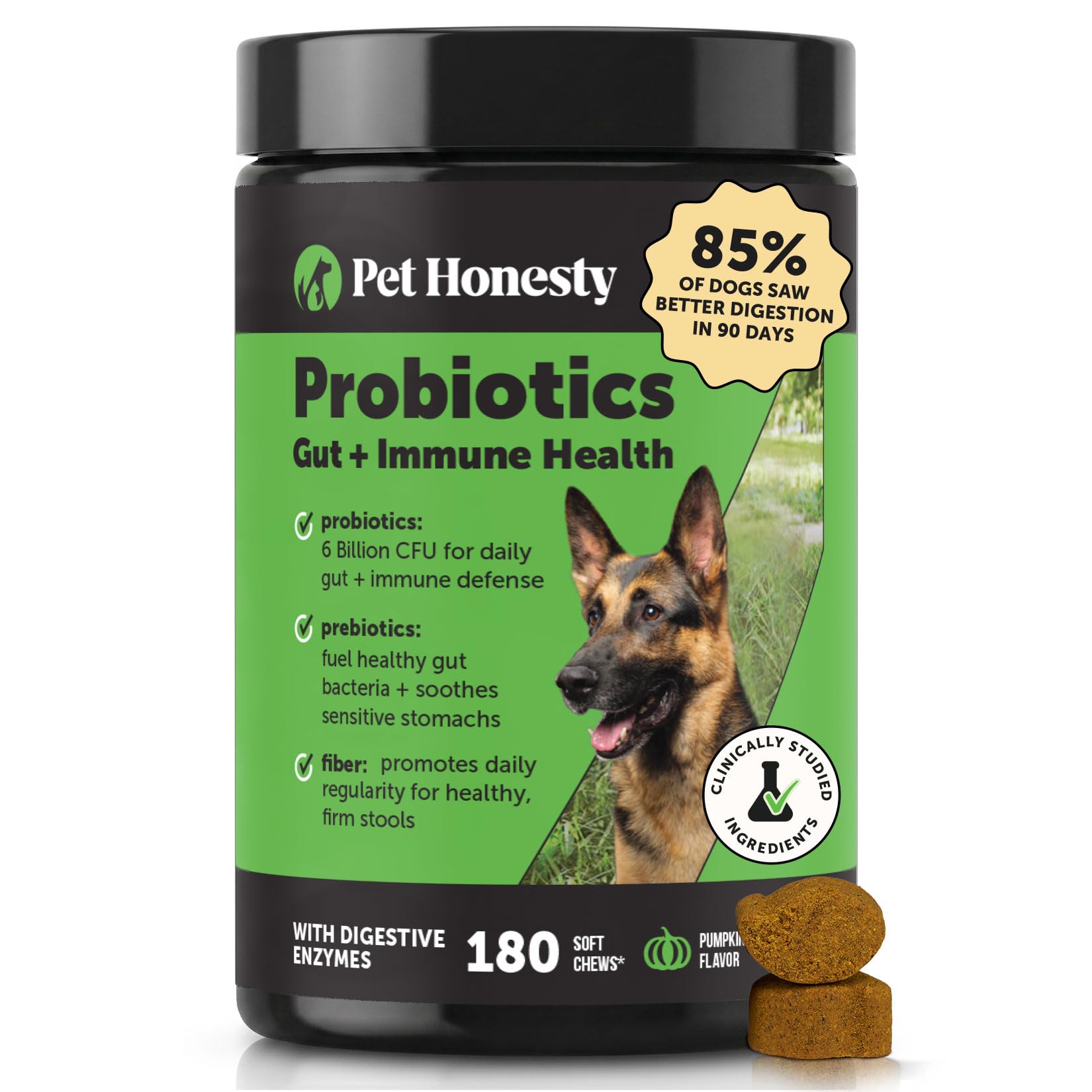 Pet Honesty bote frontal mostrando masticables y beneficios digestivos
