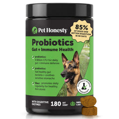 Pet Honesty bote frontal mostrando masticables y beneficios digestivos