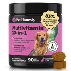 Pet Honesty frente del envase mostrando masticables y beneficios