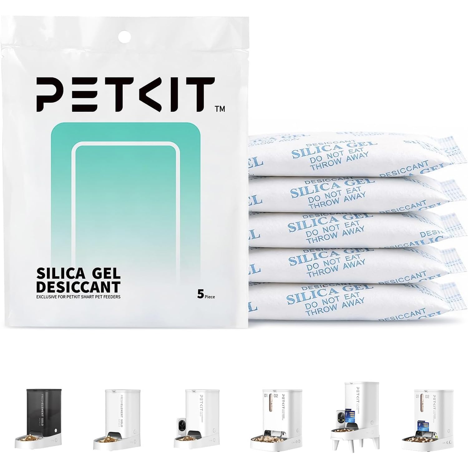 PETKIT frente del pack de 5 bolsas desecantes protegiendo pienso