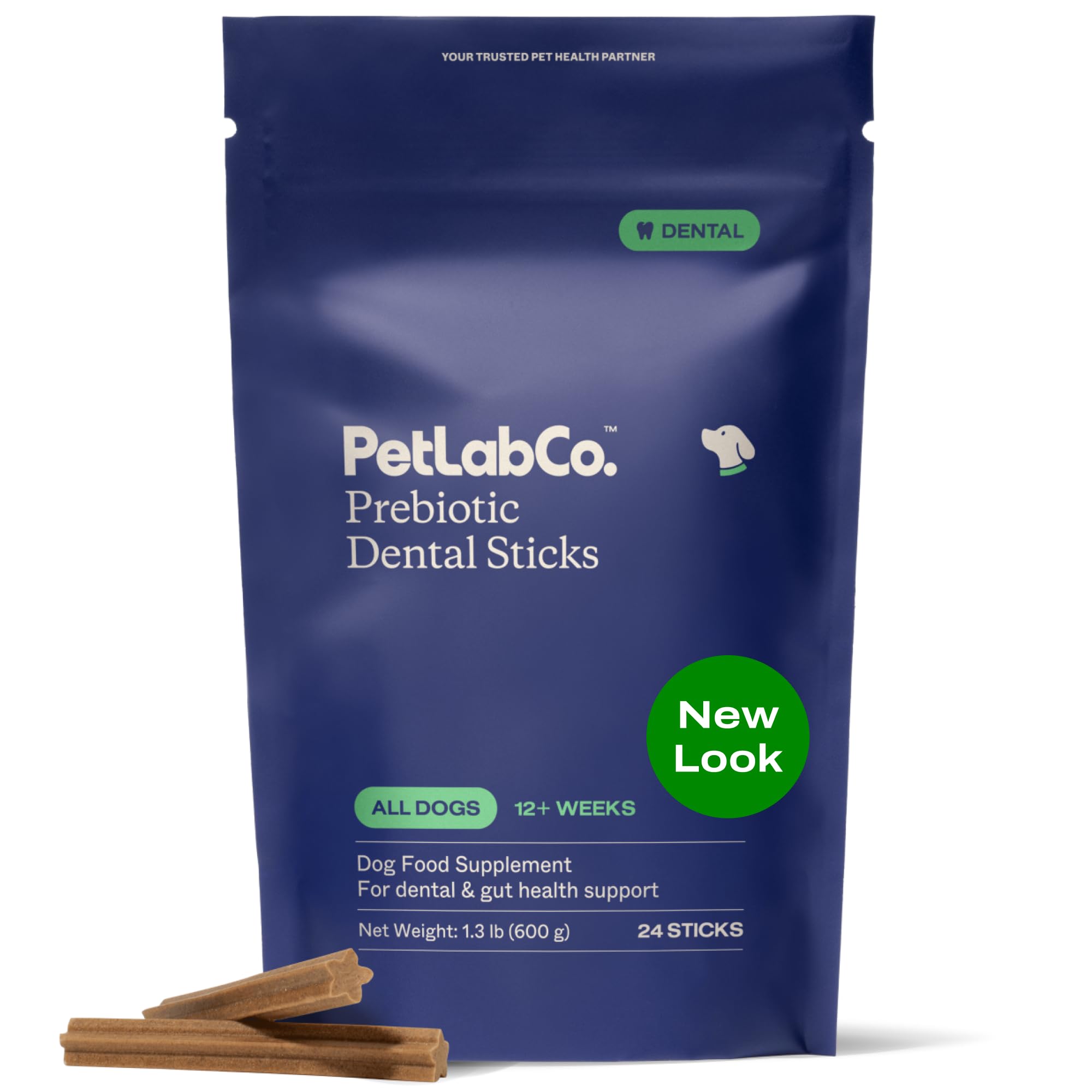 PetLab Co. empaque frontal mostrando 24 sticks y beneficios visibles