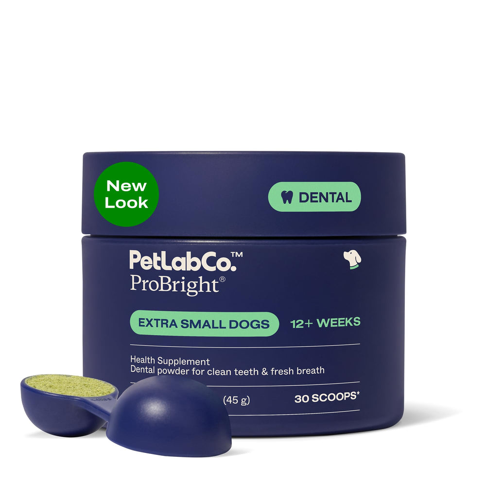PetLab Co. envase ProBright frontal mostrando tamaño y marca, fácil identificación