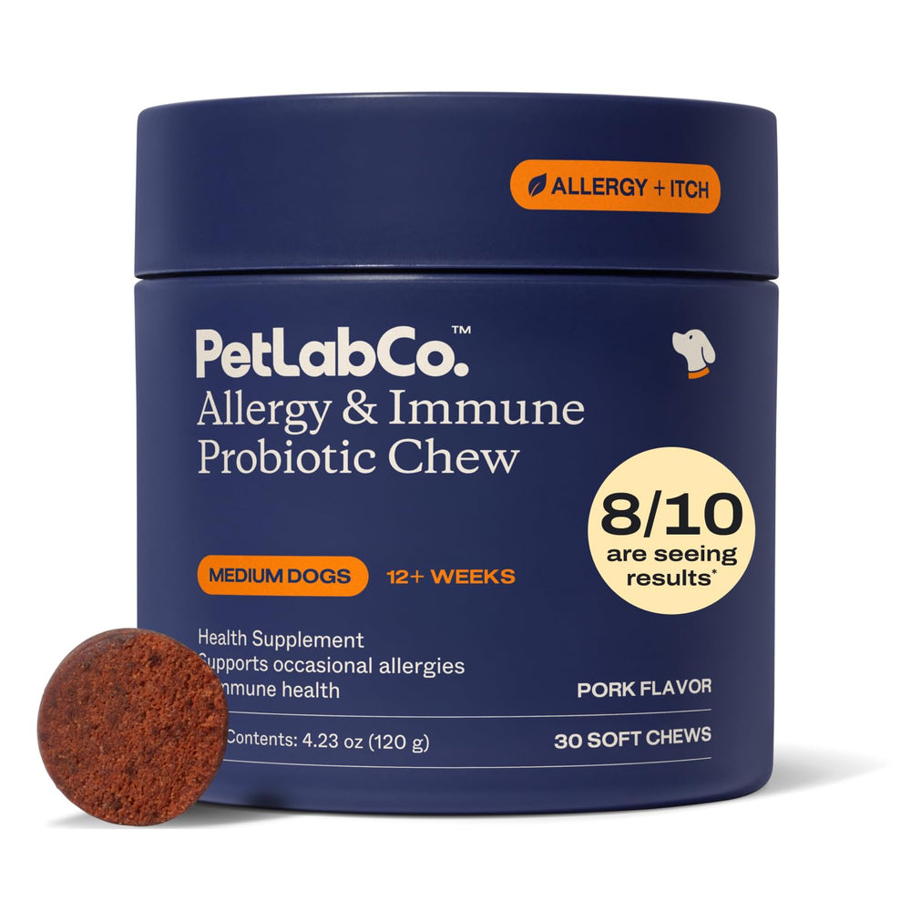 PetLab Co. envase frontal de masticables para alergias mostrando el diseño y cantidad