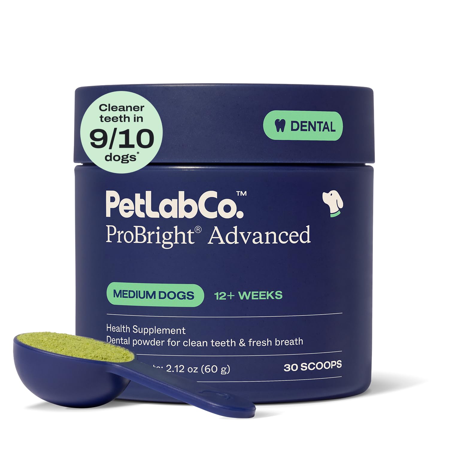 PetLab Co. envase frontal del polvo dental muestra el tamaño y beneficio práctico