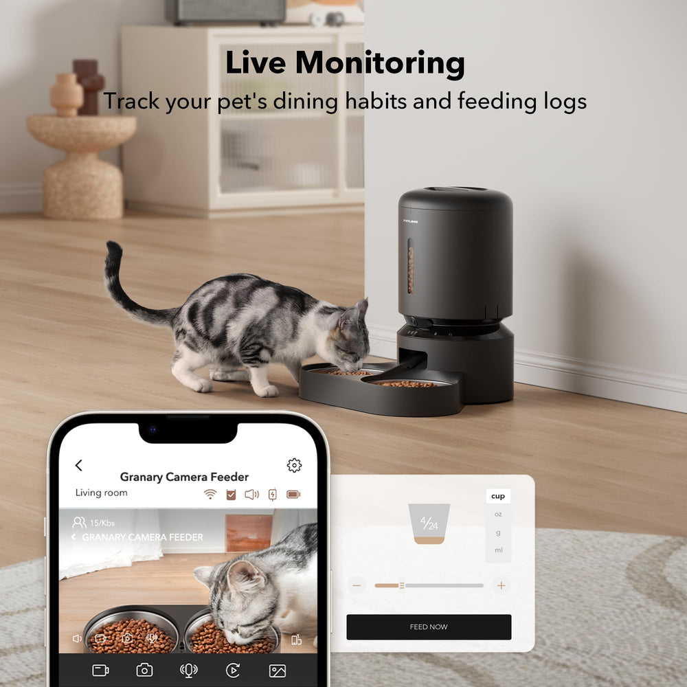 PETLIBRO app en móvil mostrando programación de comidas, control remoto conveniente