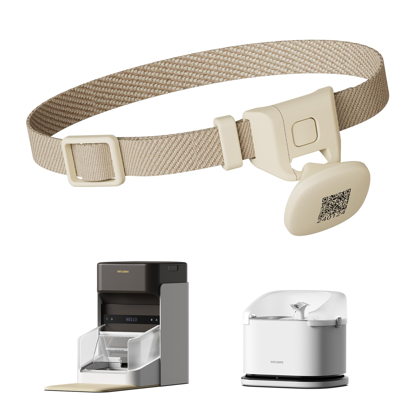 PETLIBRO collar RFID vista frontal y placa con QR para identificación rápida