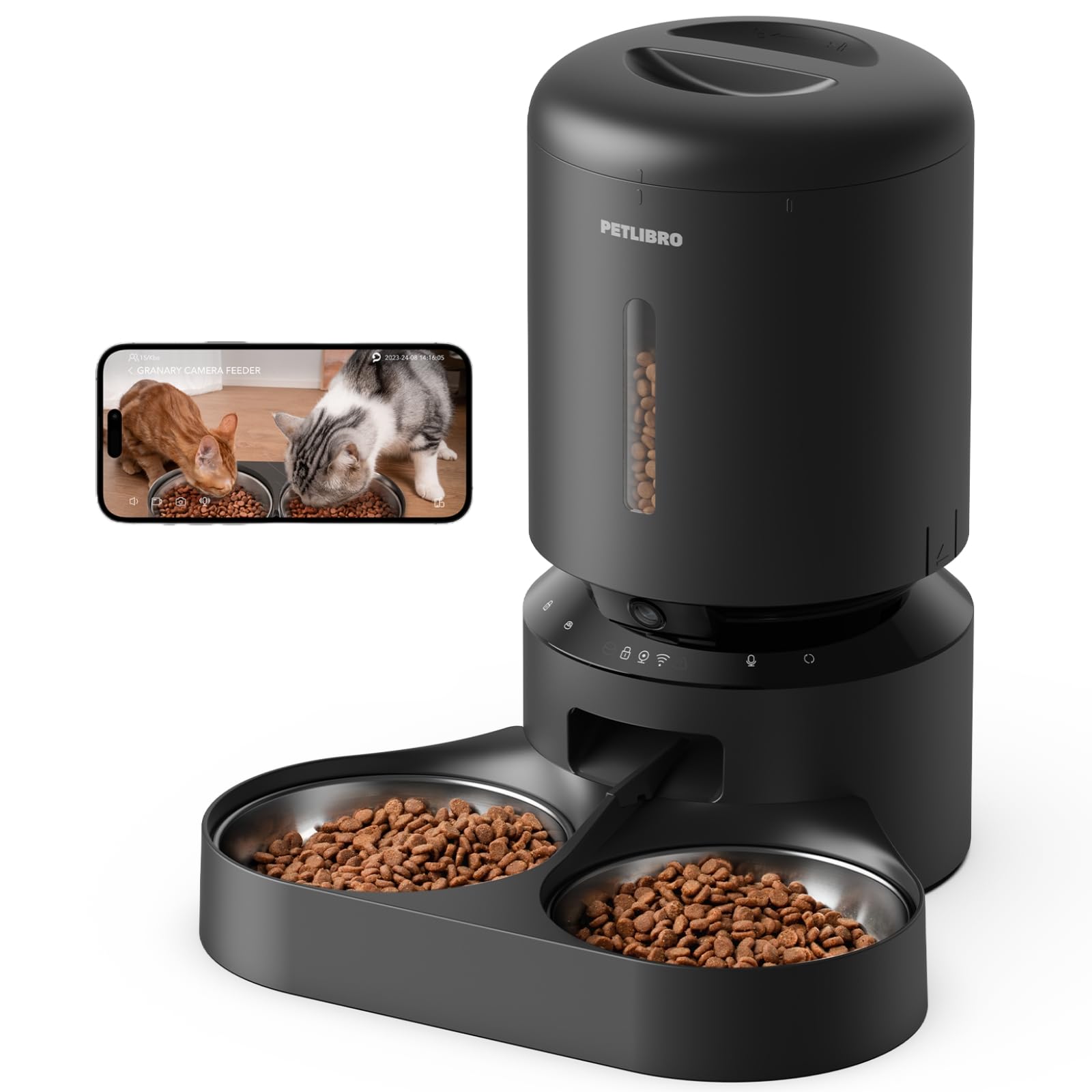 PETLIBRO comedero automático frontal mostrando doble bandeja y diseño negro, control fácil