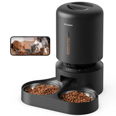 PETLIBRO comedero automático frontal mostrando doble bandeja y diseño negro, control fácil