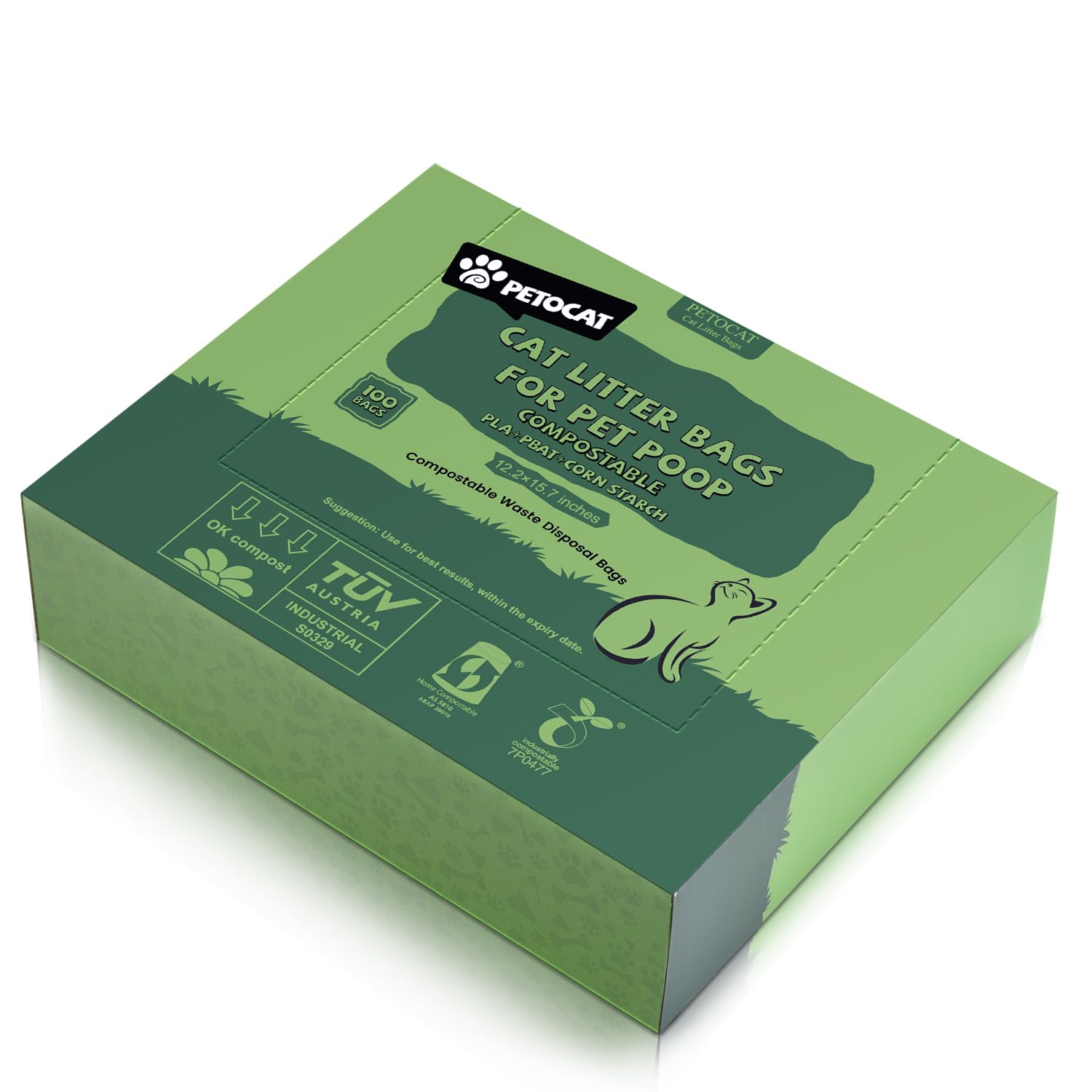 PETOCAT frente del empaque mostrando caja y 100 bolsas compostables