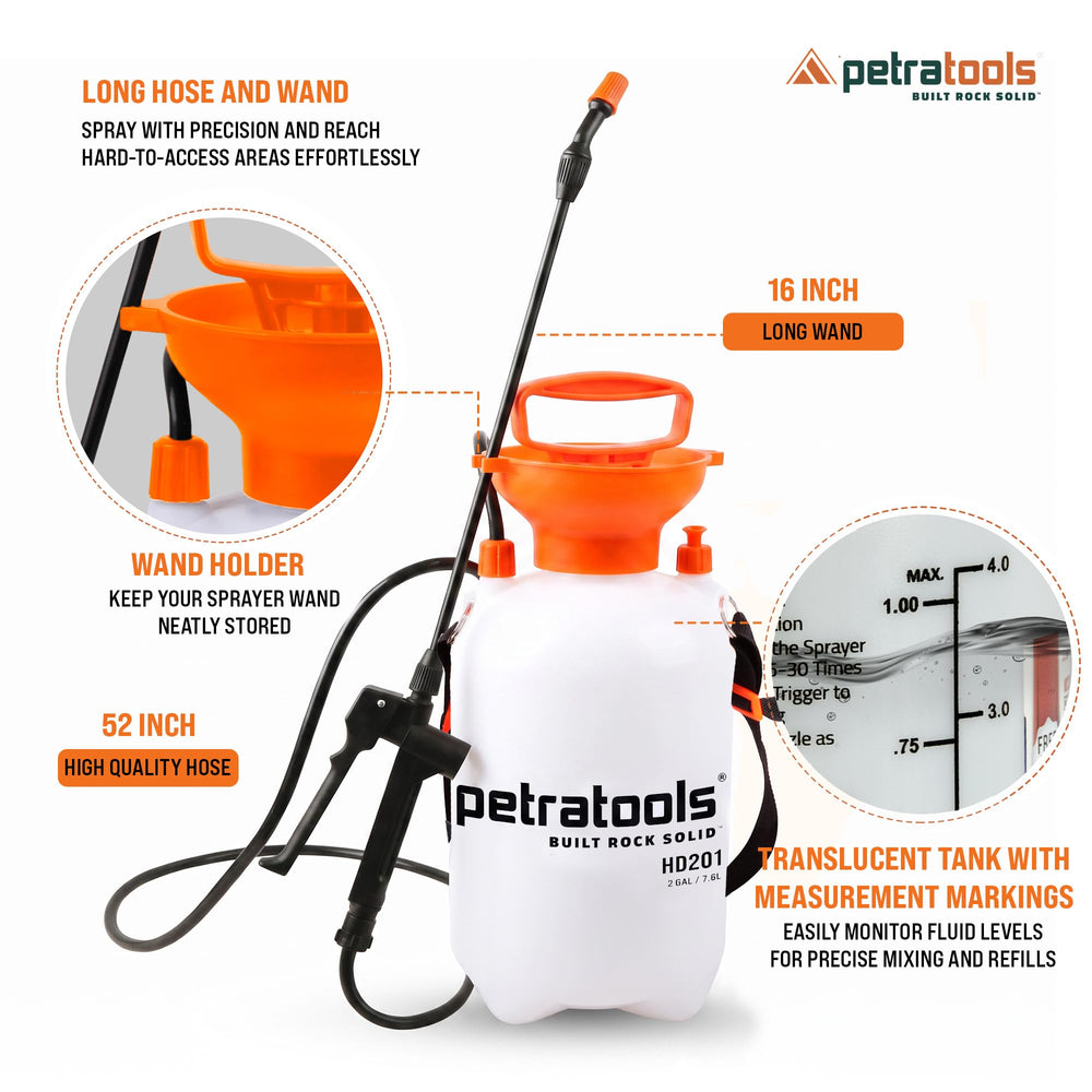 PetraTools extended 52-inch hose uncoiled to reach beds, improves access without refilling