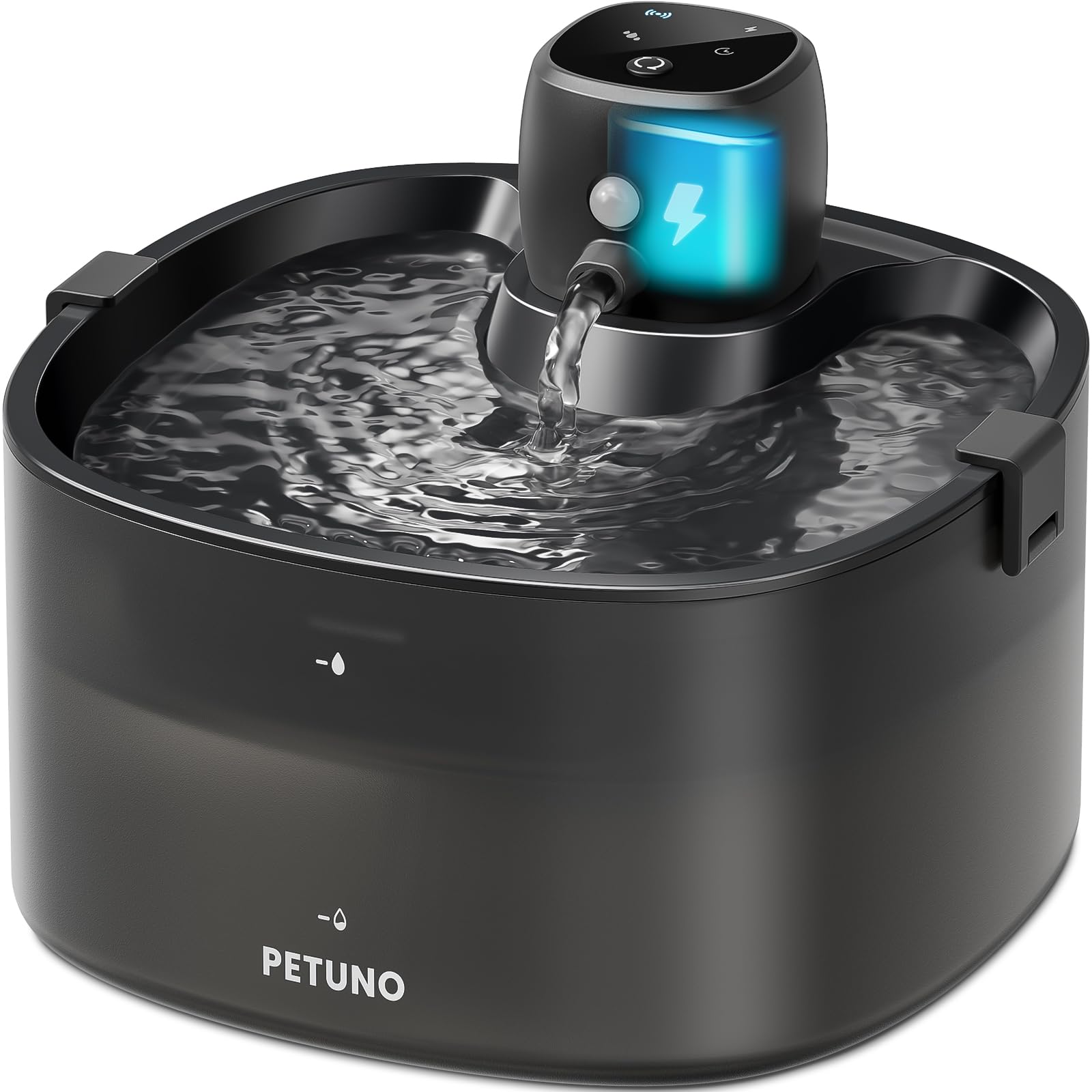 PETUNO fuente frontal negra mostrando diseño y capacidad 2.3L, ventaja: discreción