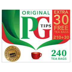 PG Tips caja frontal mostrando 240 bolsitas y conveniencia diaria