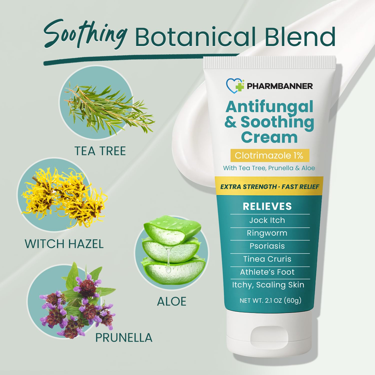 PHARMBANNER etiqueta con ingredientes destacando clotrimazol 1% y plantas