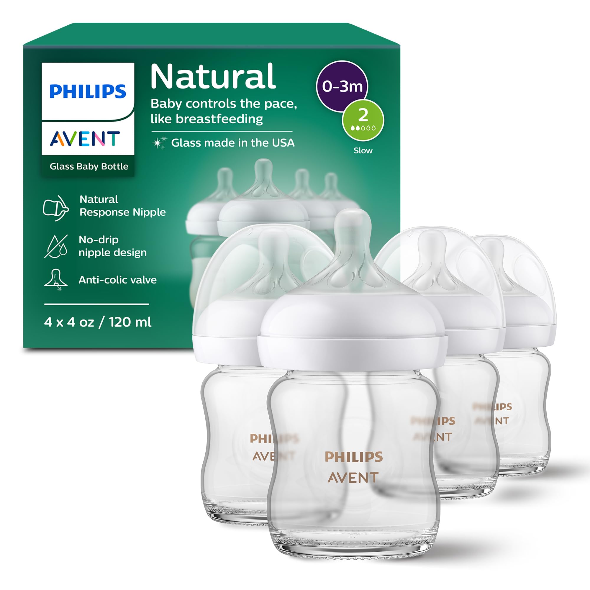Philips Avent biberón frontal mostrando forma ergonómica y seguridad
