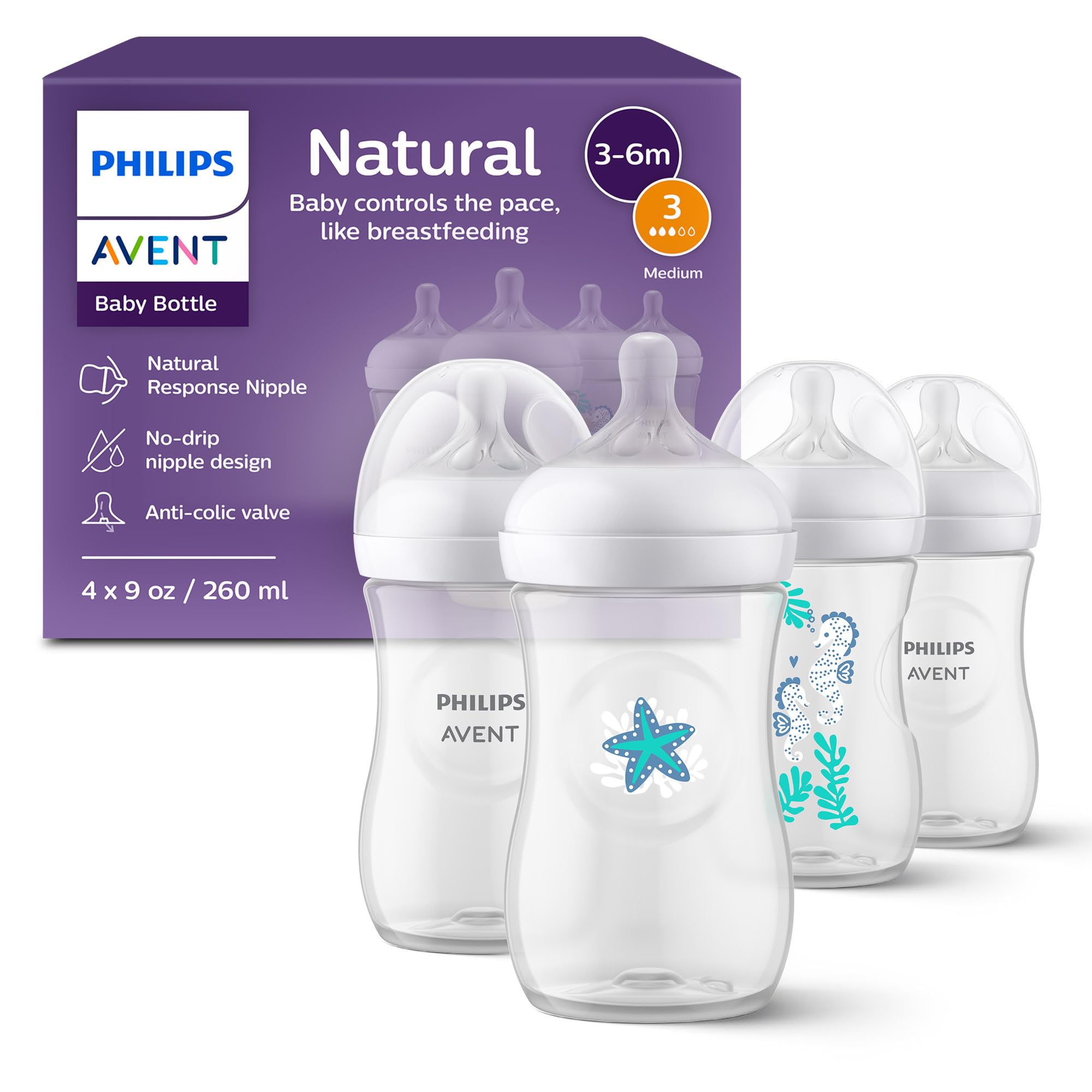 Philips Avent biberón frontal mostrando forma y capacidad para alimentación cómoda