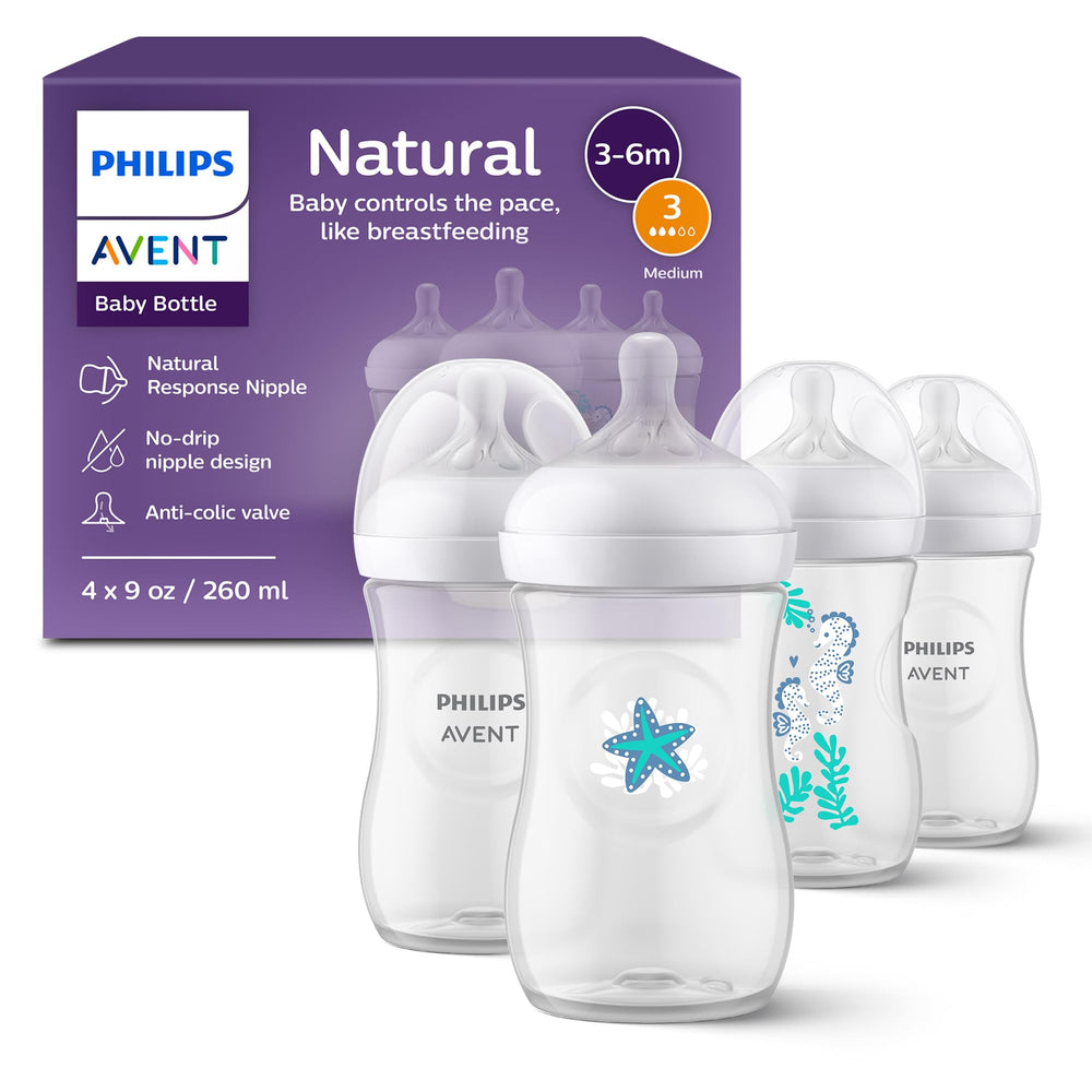 Philips Avent biberón frontal mostrando forma y capacidad para alimentación cómoda