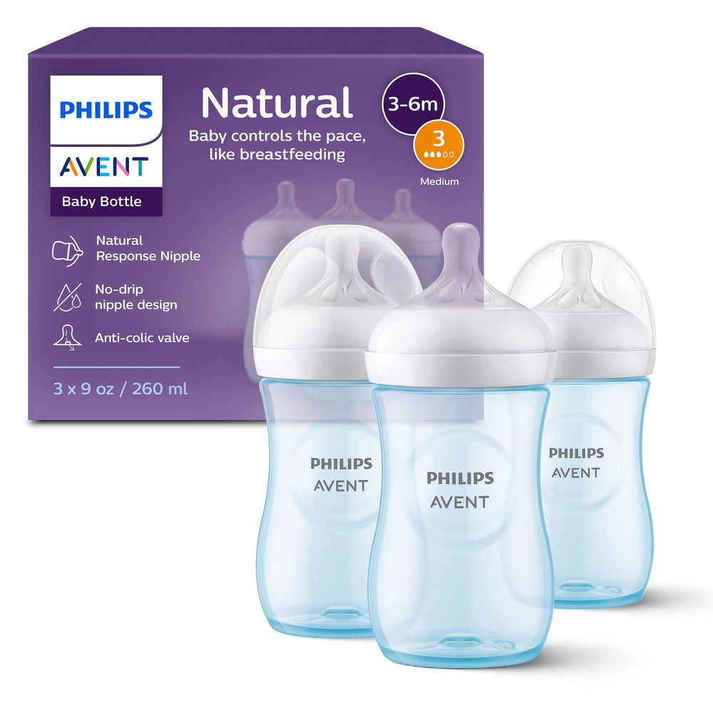 Philips Avent biberón frontal azul mostrando diseño ergonómico y facilidad de sujeción