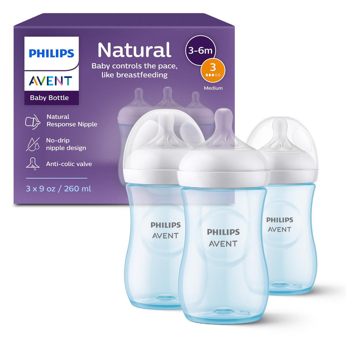 Philips Avent biberón frontal azul mostrando diseño ergonómico y facilidad de sujeción