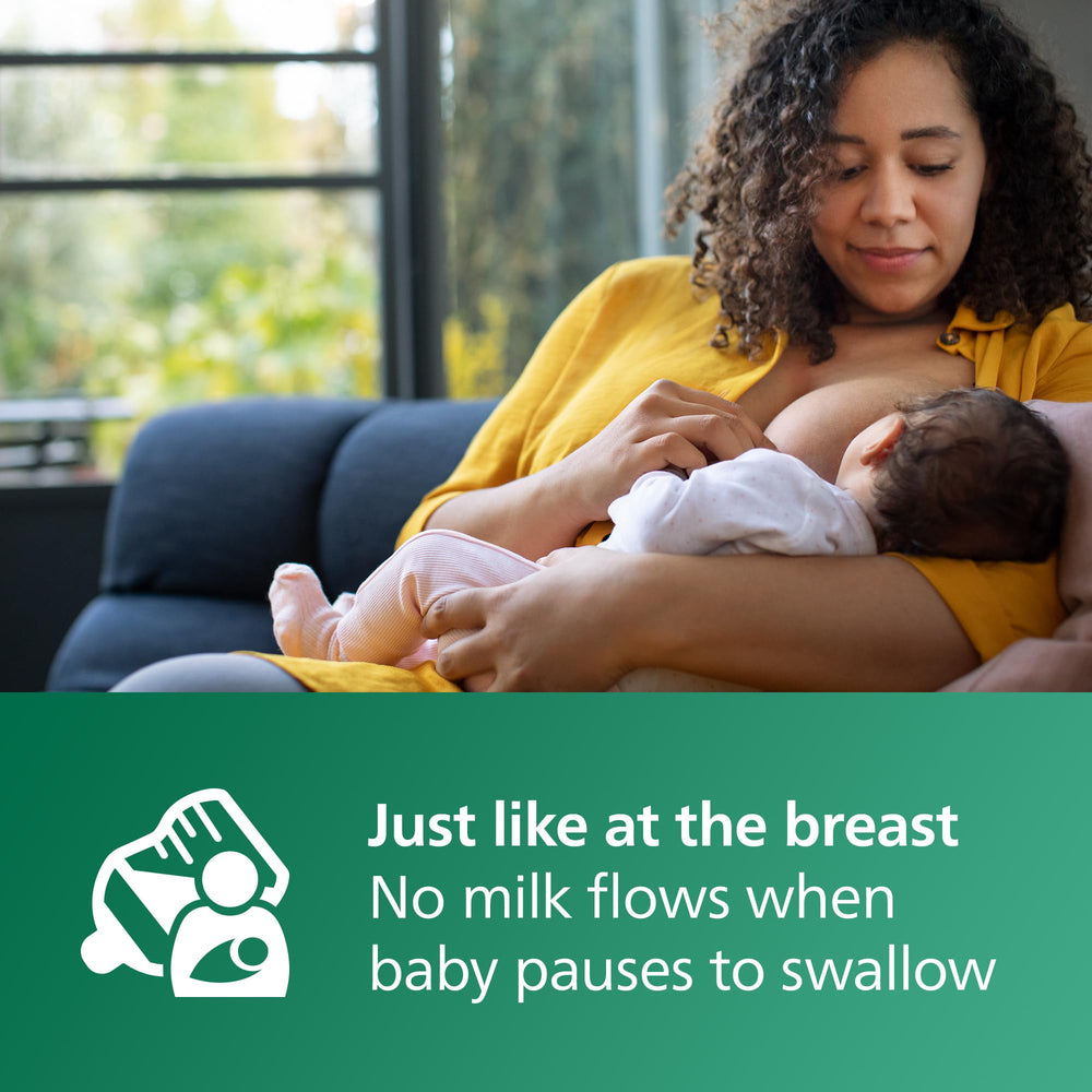 Philips Avent biberón en uso con bebé mostrando alimentación natural