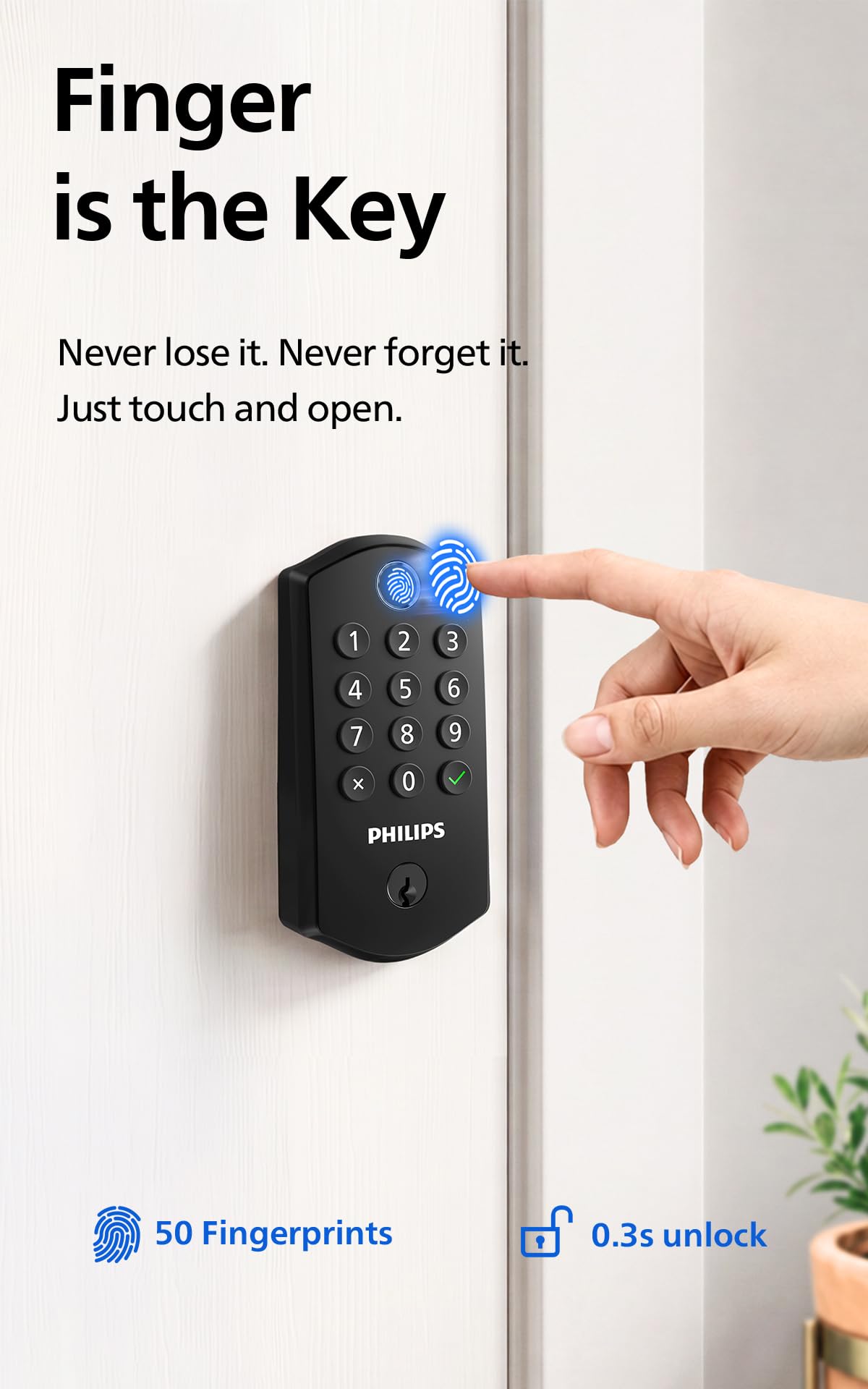 PHILIPS detalle del lector de huella ergonómico que facilita desbloqueo rápido