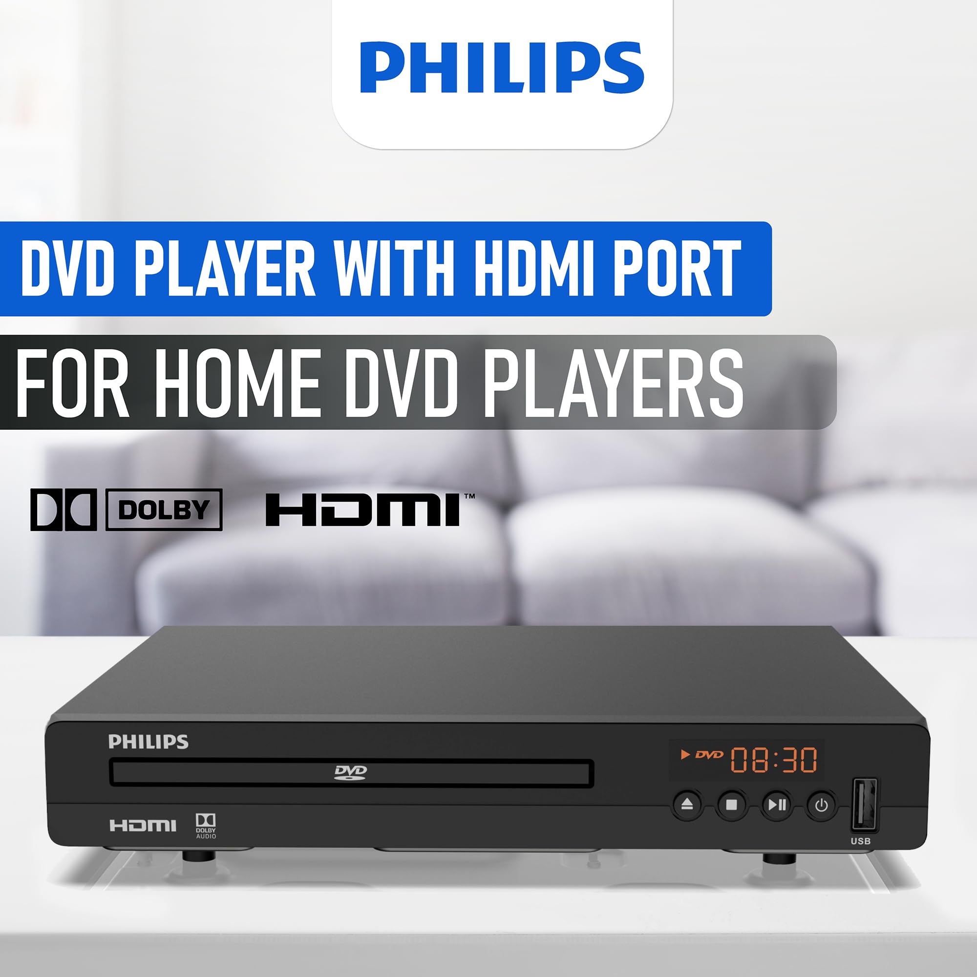 PHILIPS conexiones HDMI, RCA y USB mostrando versatilidad de entrada
