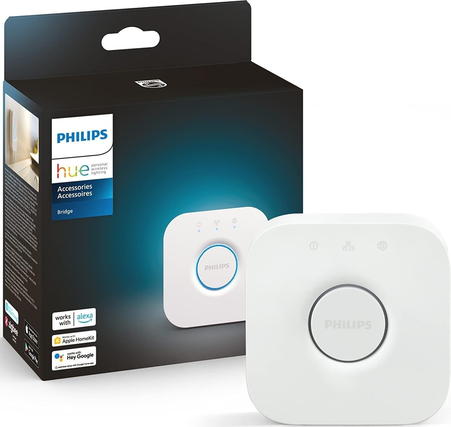 Philips Hue Bridge frontal mostrando diseño compacto y control centralizado