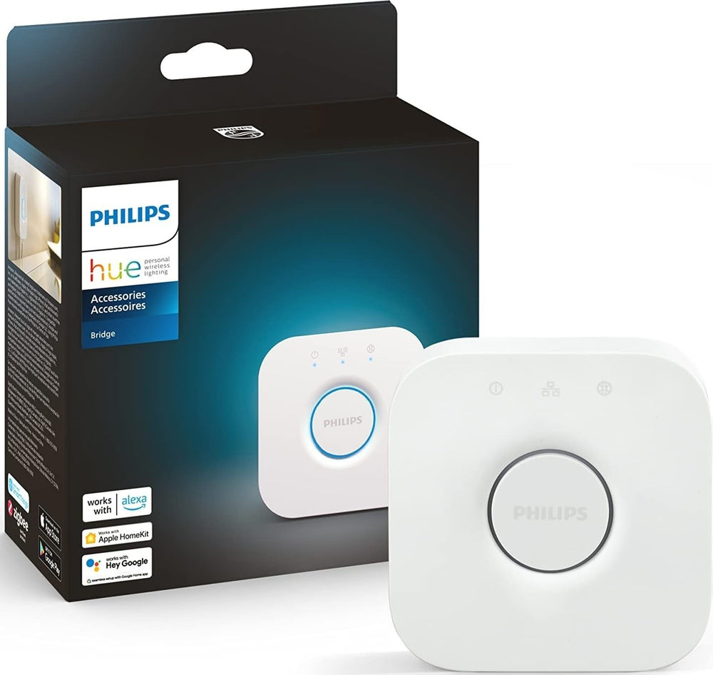 Philips Hue Bridge frontal mostrando diseño compacto y control centralizado