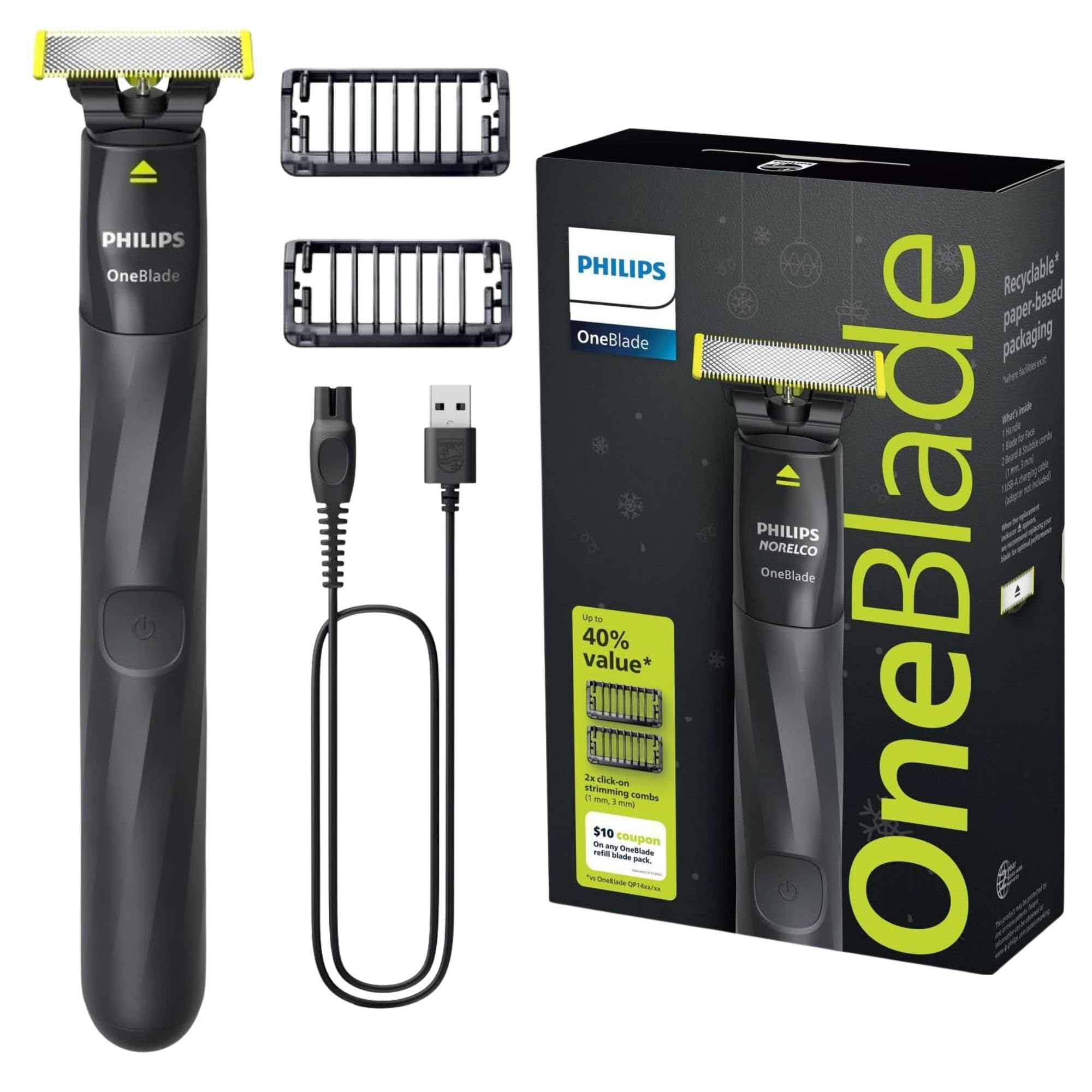 PHILIPS OneBlade vista frontal, diseño compacto y ergonómico