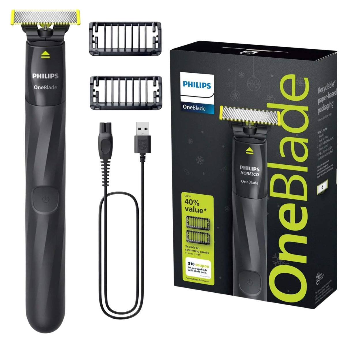 PHILIPS OneBlade vista frontal, diseño compacto y ergonómico