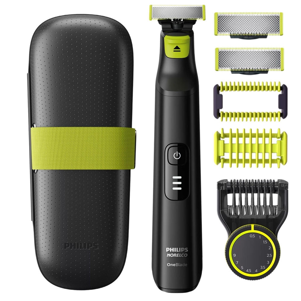 PHILIPS OneBlade Pro vista frontal con mango ergonómico y control