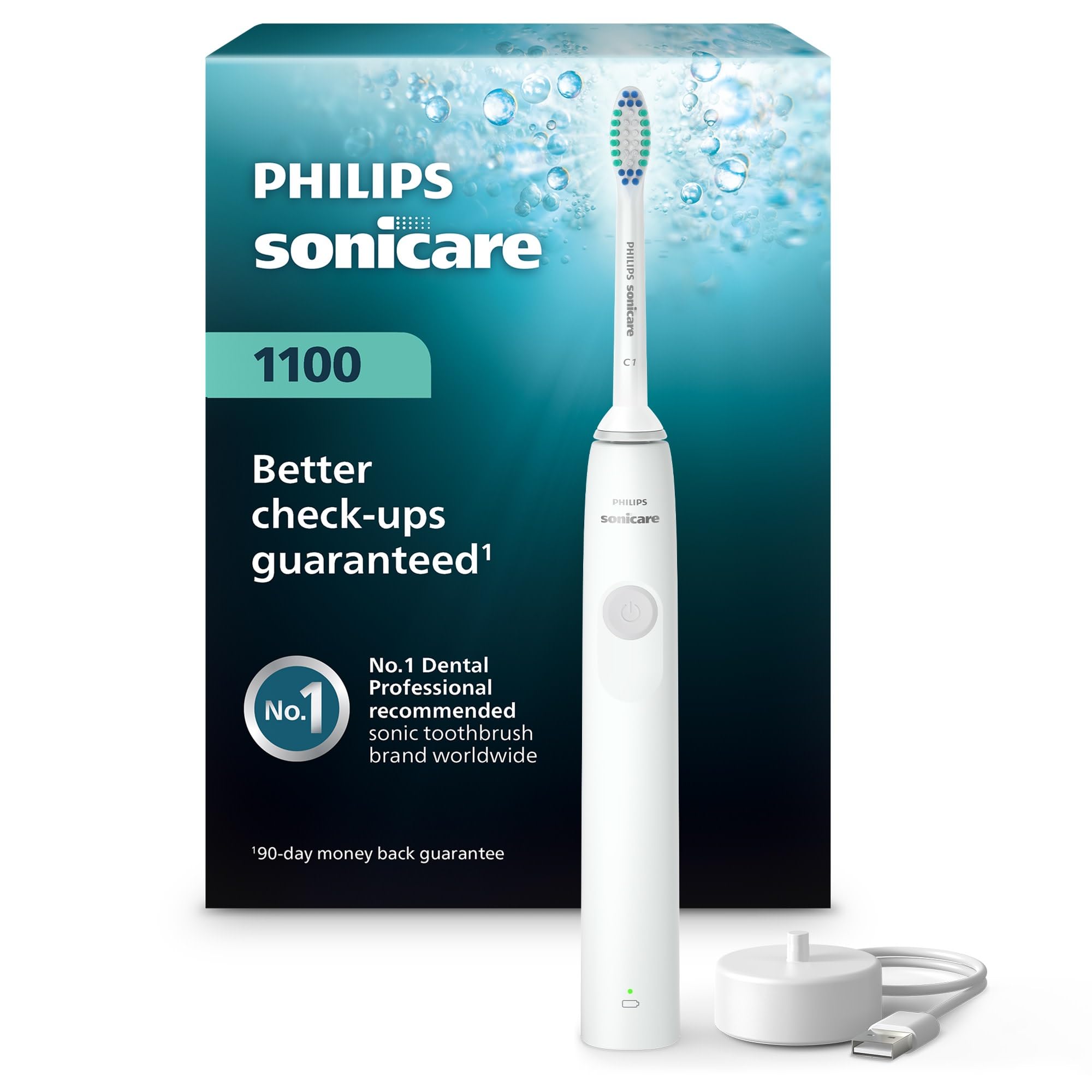 Philips Sonicare frontal del cepillo 1100 mostrando el diseño ergonómico y limpieza eficaz