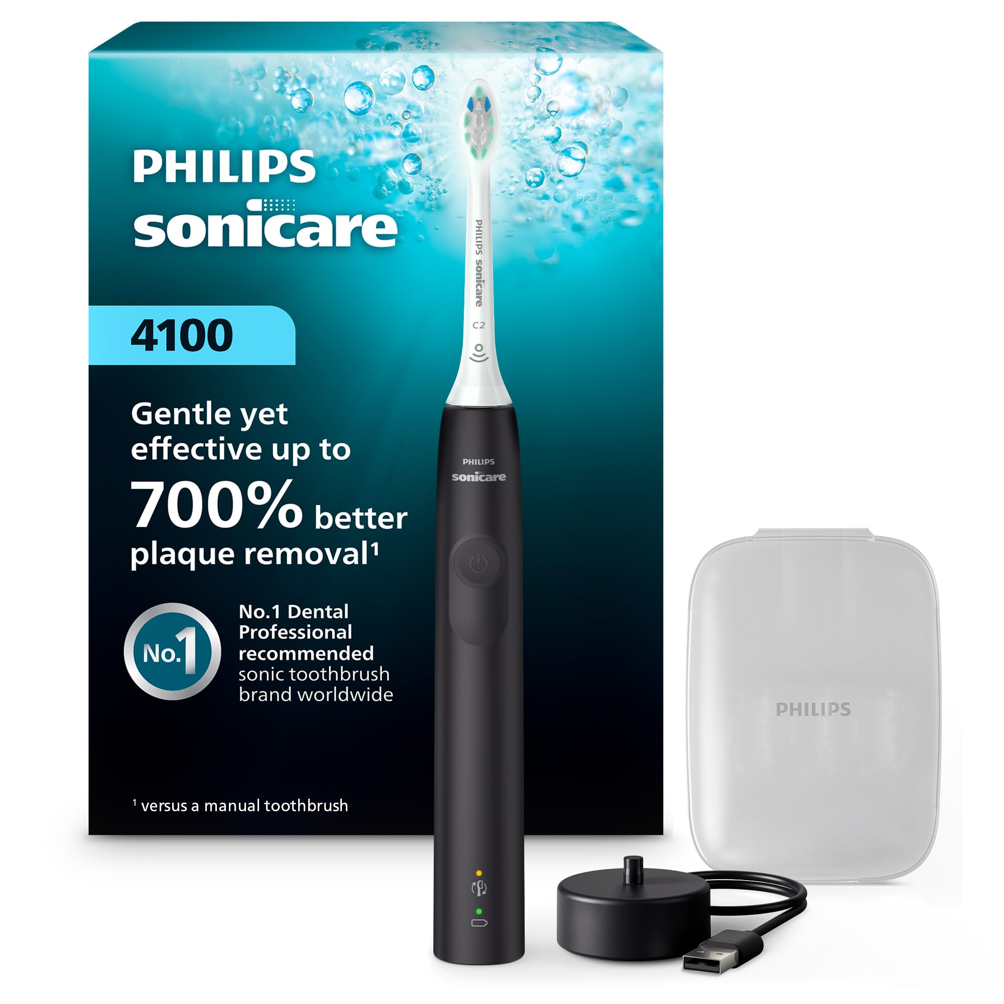Philips Sonicare 4100 frontal en negro mostrando diseño moderno y beneficio limpieza eficaz