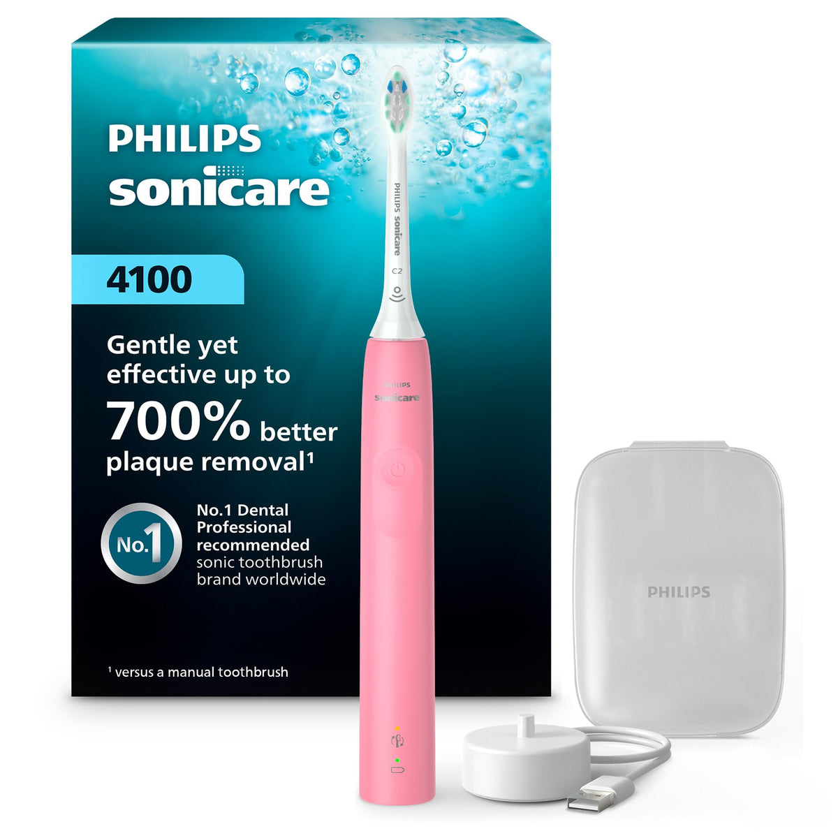 Philips Sonicare 4100 vista frontal en Deep Pink mostrando diseño ergonómico y beneficio estético