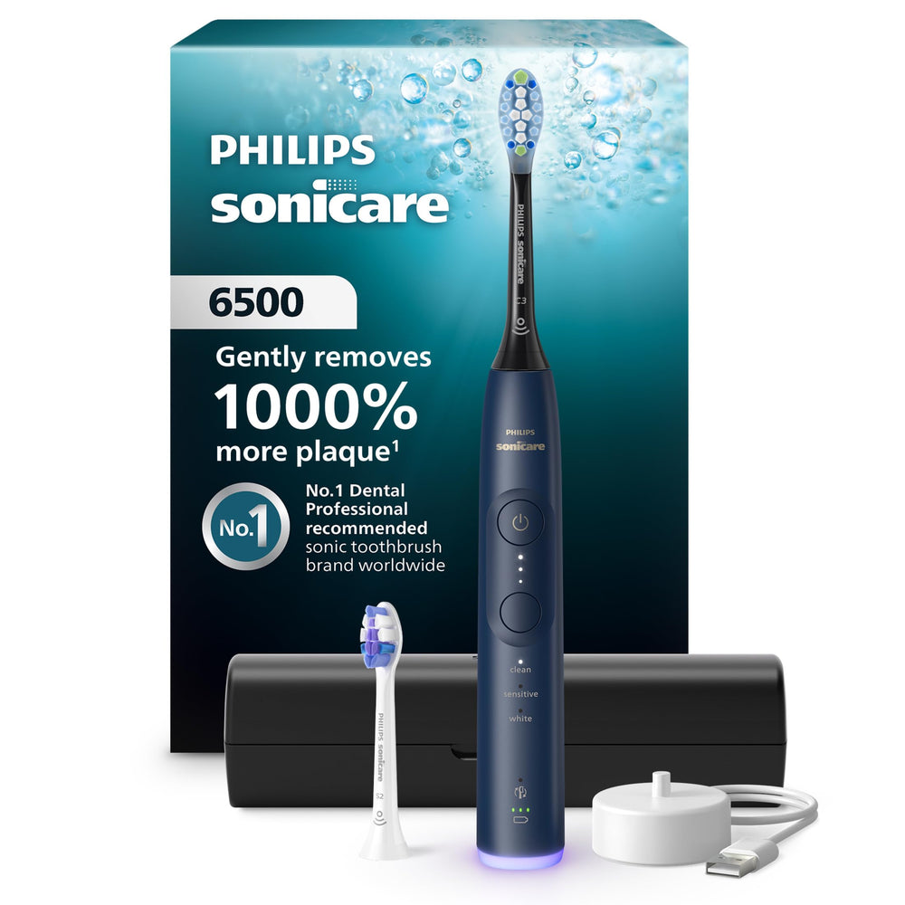 Philips Sonicare 6500 vista frontal azul marino mostrando el mango y base, limpieza eficiente