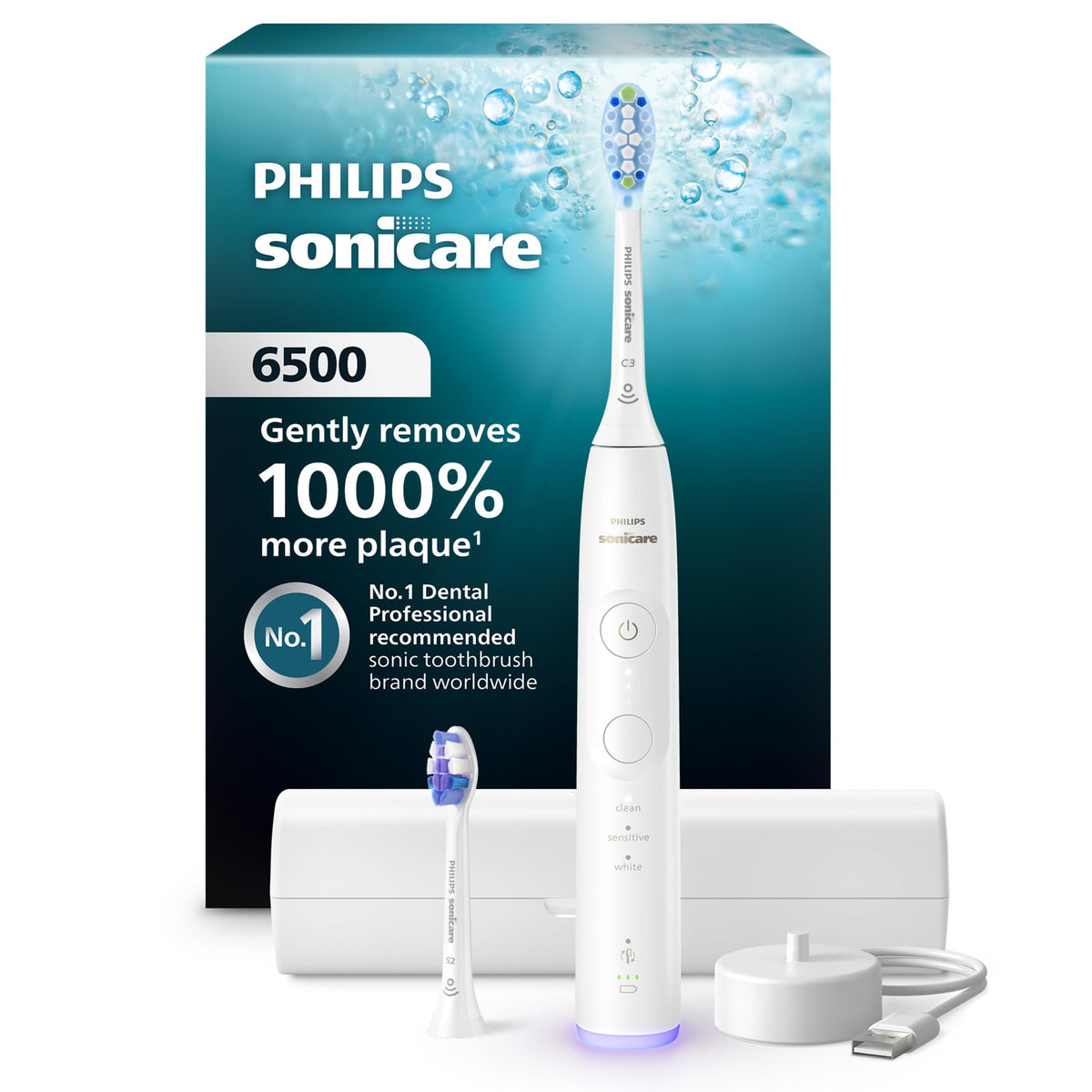 Philips Sonicare 6500 frontal blanco mostrando diseño y potencia