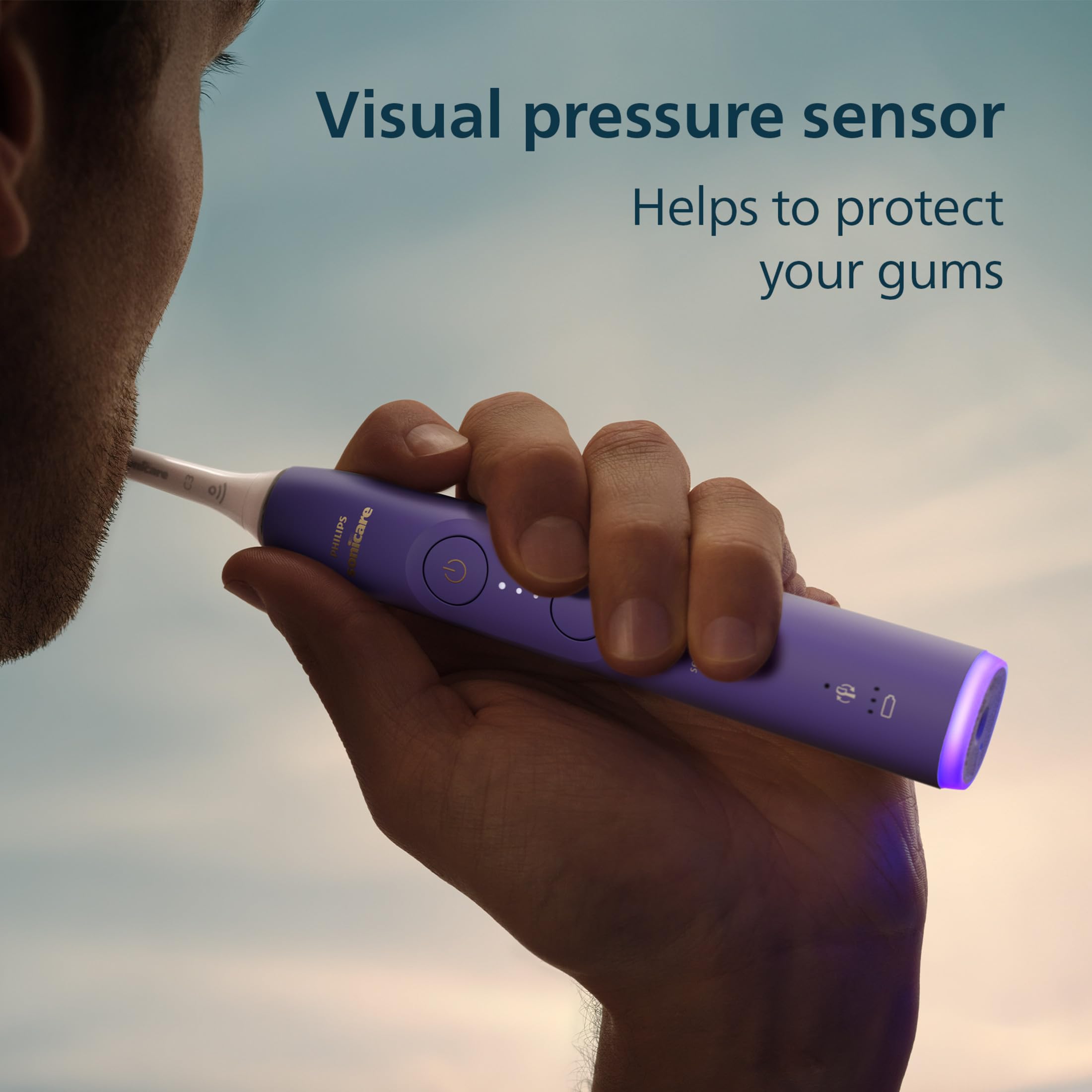 Philips Sonicare cepillando en baño demostrando limpieza en zonas difíciles con suavidad