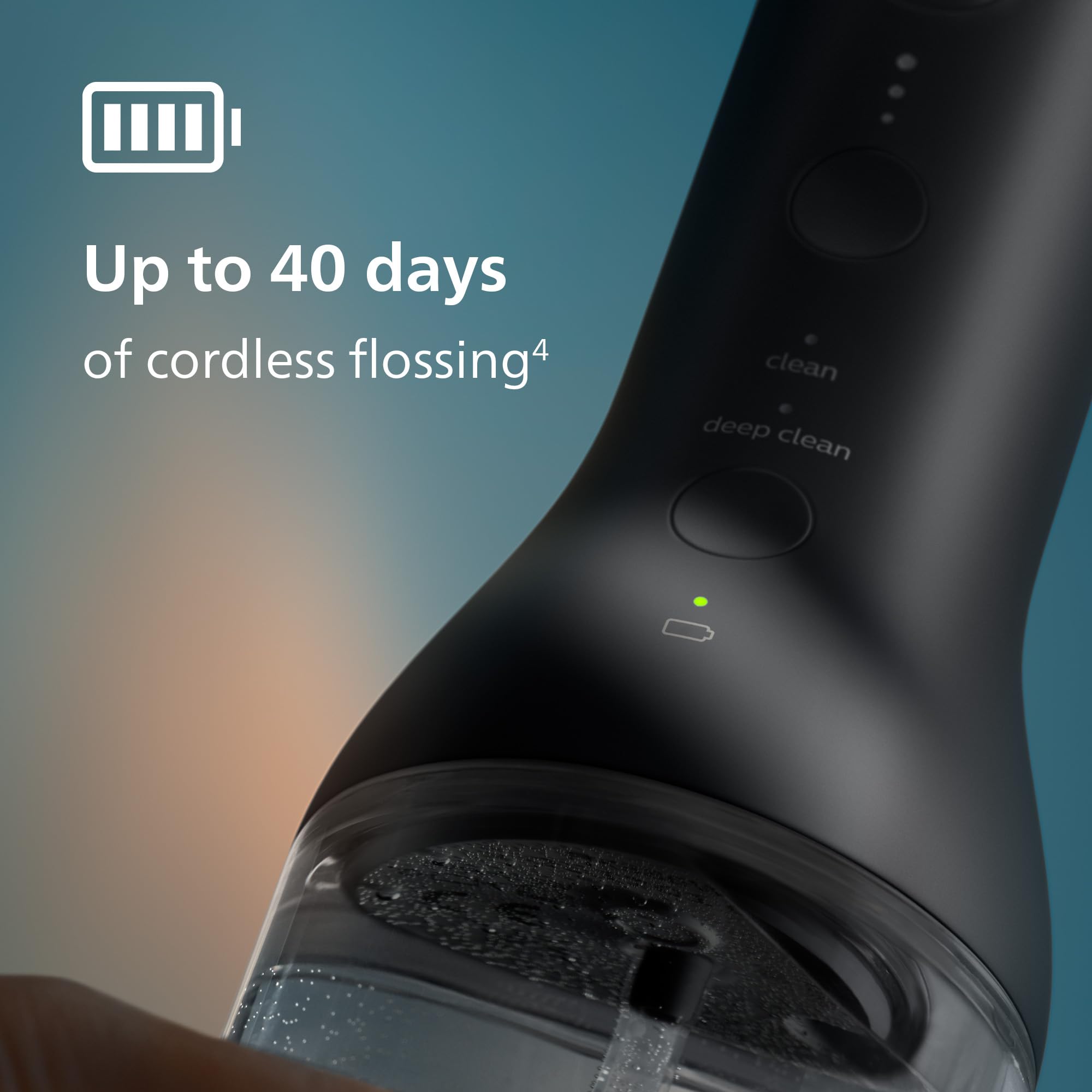 Philips Sonicare dispositivo en uso en baño, limpieza interdental cómoda y sin cables