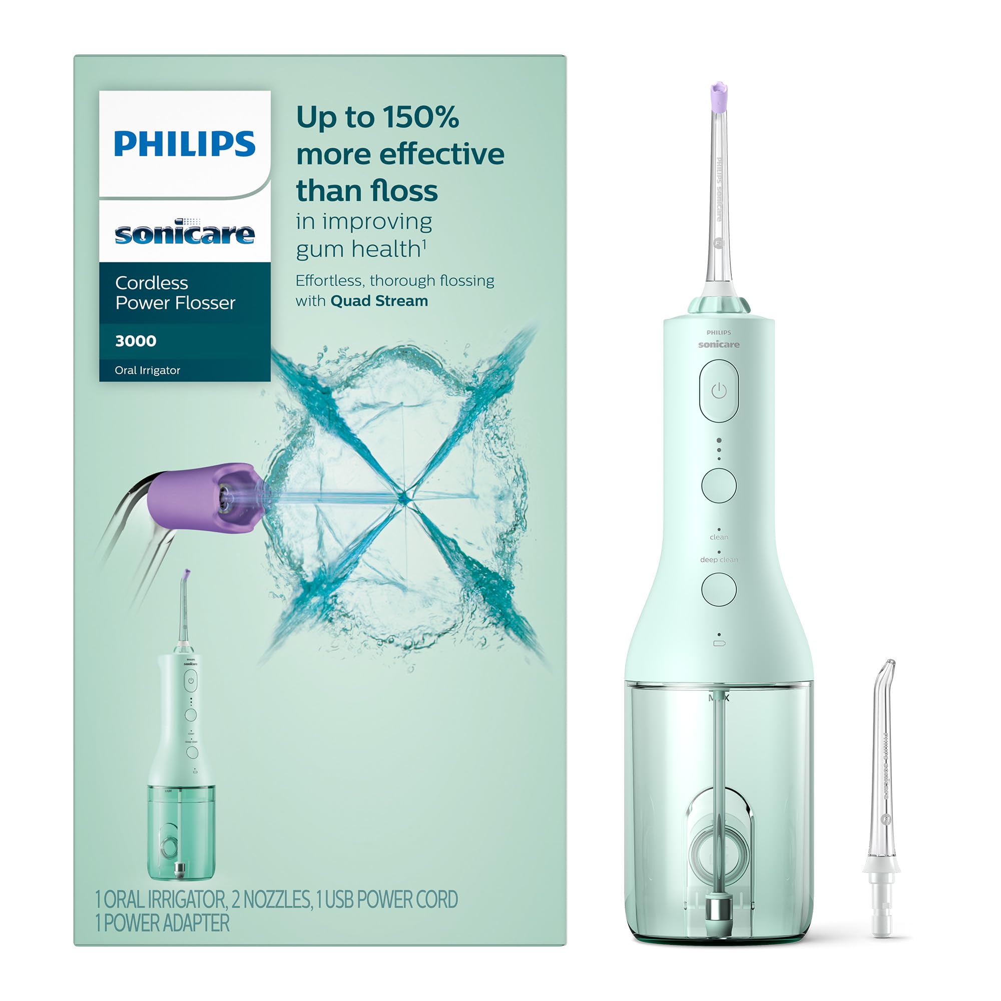 Philips Sonicare flosser 3000 frontal mostrando diseño ergonómico y agarre seguro